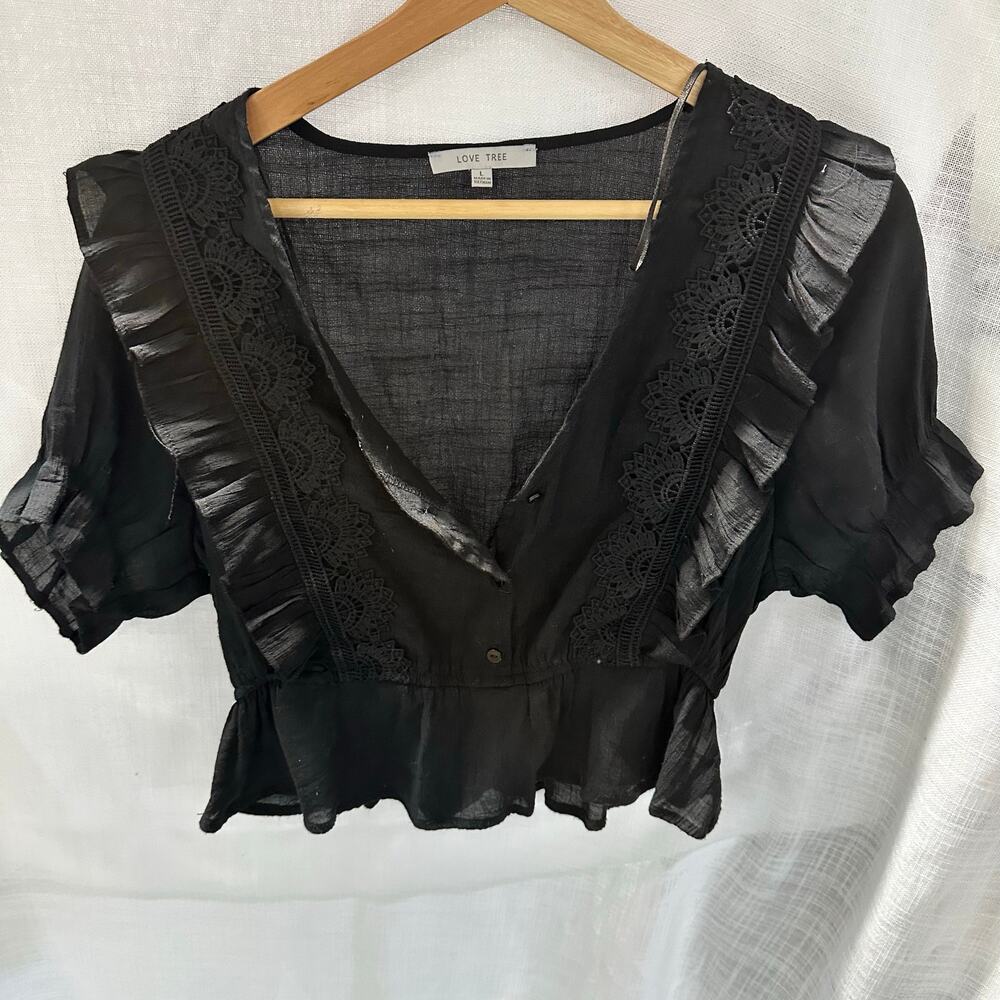 Black Puff Sleeve Embroidered Cropped Top With Ruffles by Love Tree